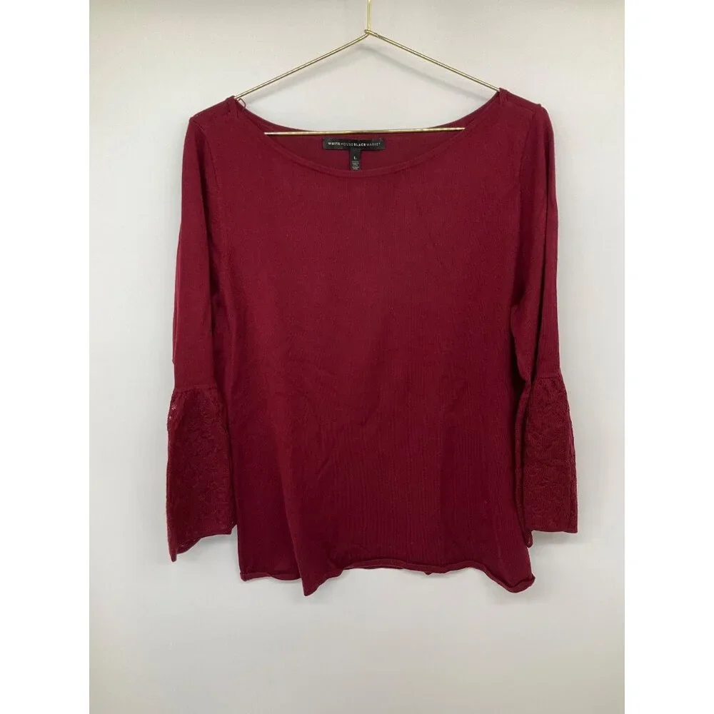 White House Black Market size Large Burgundy lace-sleeve sweater